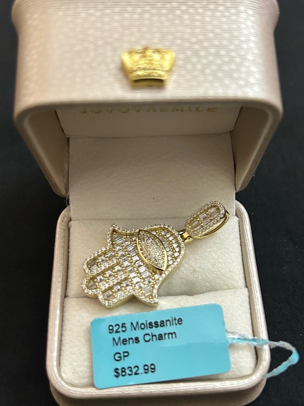 925 Moissanite Hamsa Hand Charm in Gold Tone
